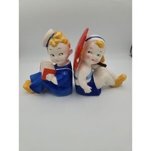 Vintage E & R Erphila Germany Porcelain Bookends boy girl Sailor Red White Blue